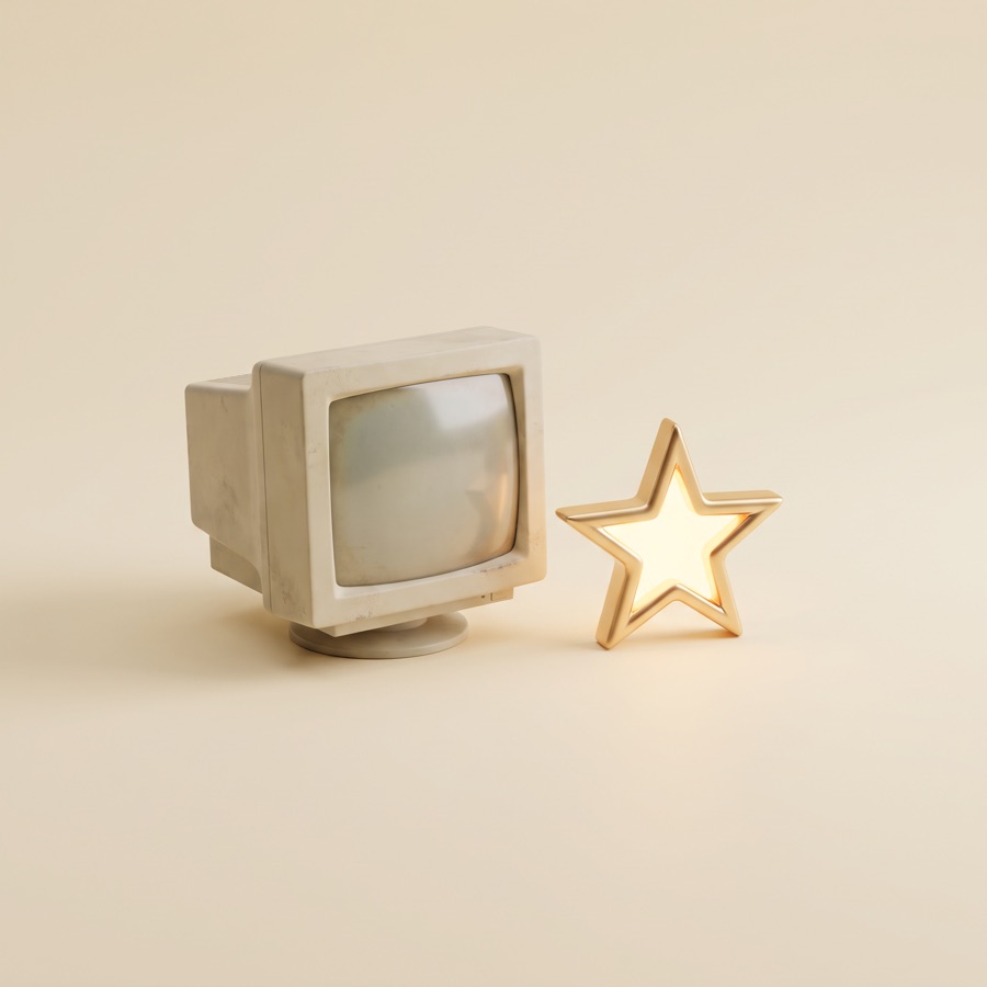 An old monitor beside a gold five-star badge