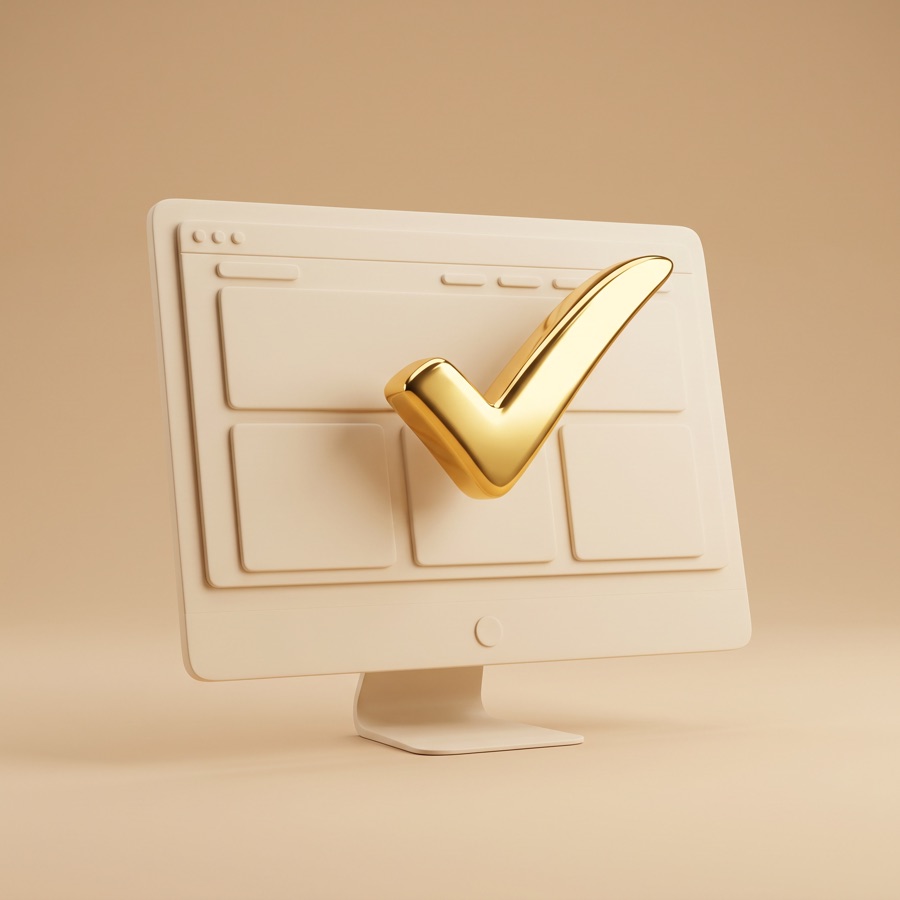A monitor with a finished website and a gold approval check