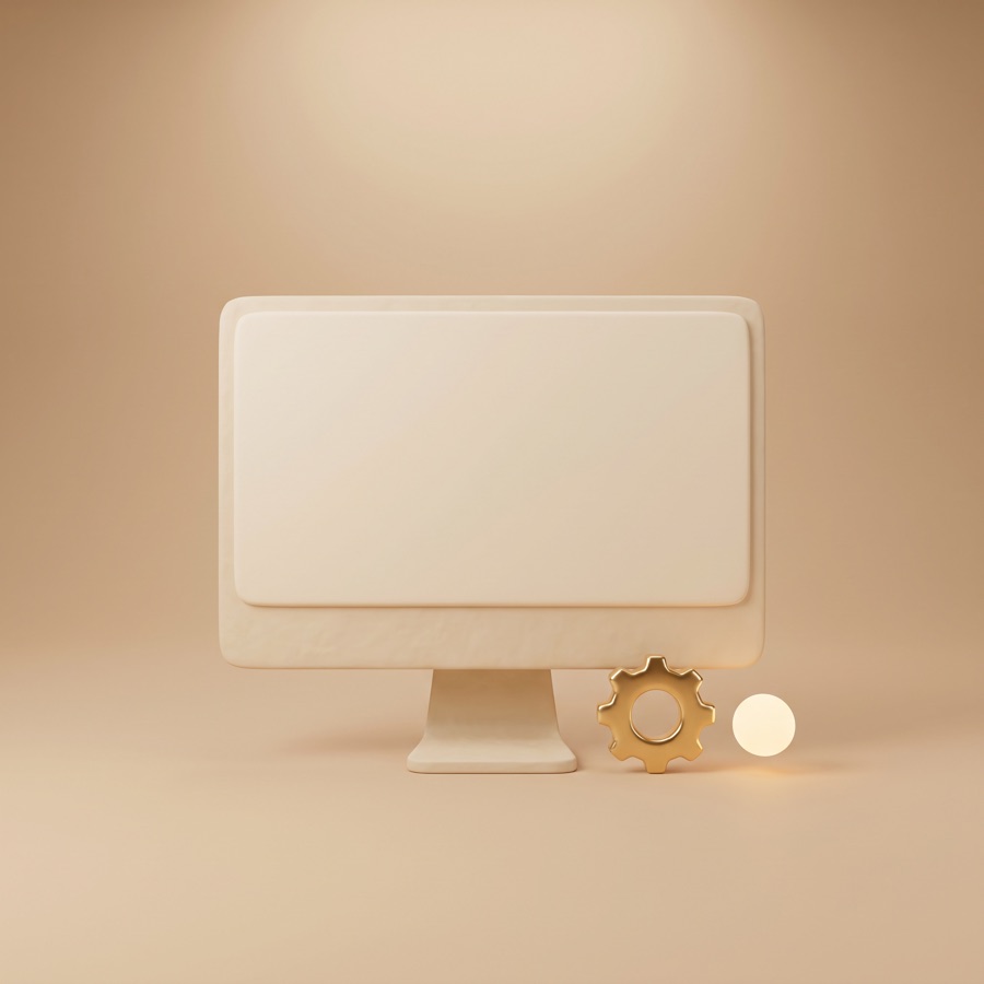 A monitor showing a live website with a gear and status dot